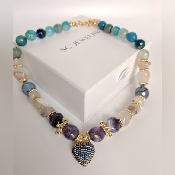 Gemstone Necklace with Mini Heart Handcrafted Agate Stone Necklace - Picture 2 of 8